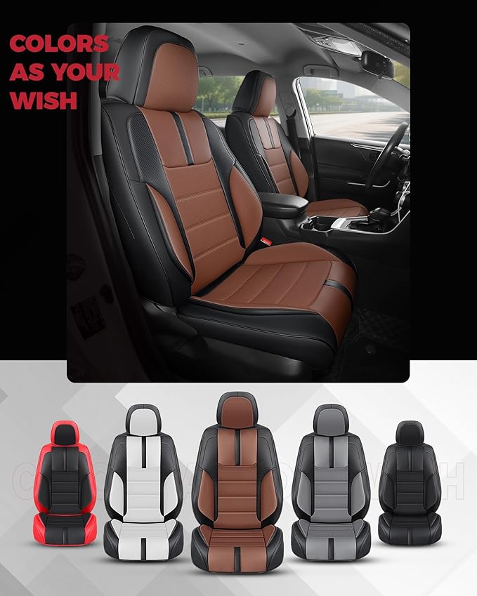 FREESOO Black Brown Front Car Seat Covers - Faux Nappa Leather Seat Covers for Cars, with Carbon Fiber Texture Seatbelt Pads,