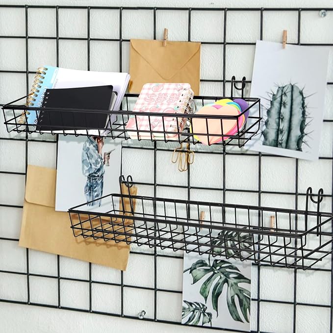 4 Pcs Wire Baskets Wall Grid Panel Hanging Wire Basket Hanging Wall Baskets No Drilling Wall Hanging Baskets Grid Wall Storag
