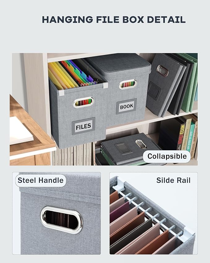 Oterri File Organizer Box with Lid, Hanging Filing File Box with Mesh Pocket, Document Organizer Box for Letter Files, Portab