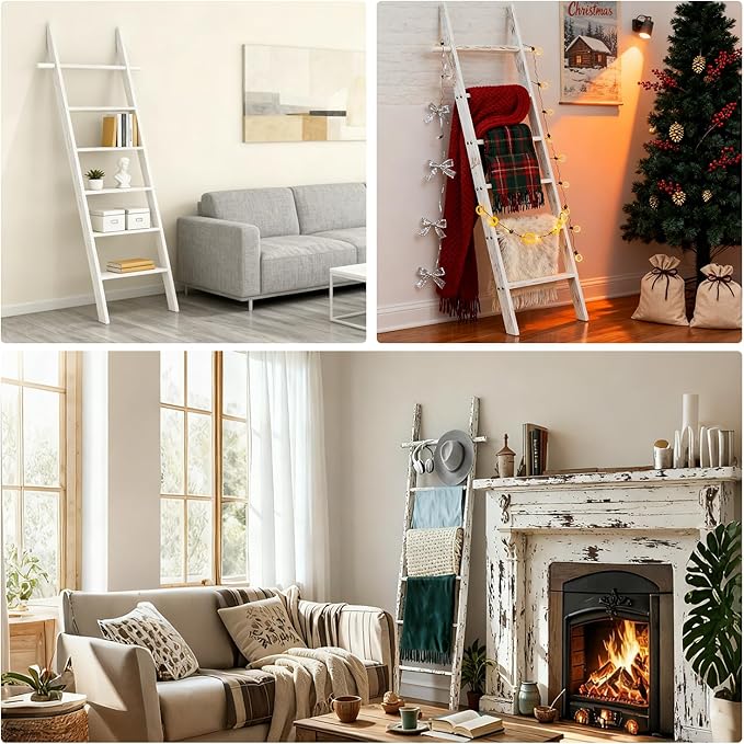 Farmhouse Wooden Blanket Ladder Living Room with Removable Hooks, 6-Tier Blanket Rack Decorative Stand, Leaning Towel Quilt R