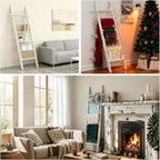 Farmhouse Wooden Blanket Ladder Living Room with Removable Hooks, 6-Tier Blanket Rack Decorative Stand, Leaning Towel Quilt R