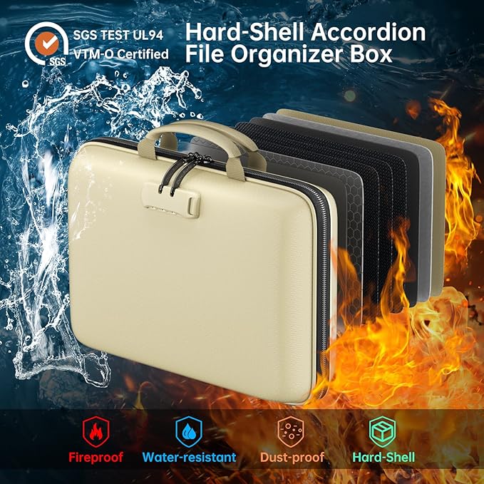 DocSafe Fireproof File Organizer with Lock, Hard-Shell Case Fireproof Document Box with 13 Pocket Accordion File Folder, Port