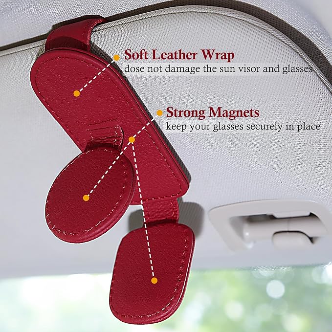 KIWEN 2 Pack Sunglasses Holder for Car Visor, Magnetic Leather Sunglass Eyeglass Hanger Clip for Car Sun Visor Accessories (2, Red)