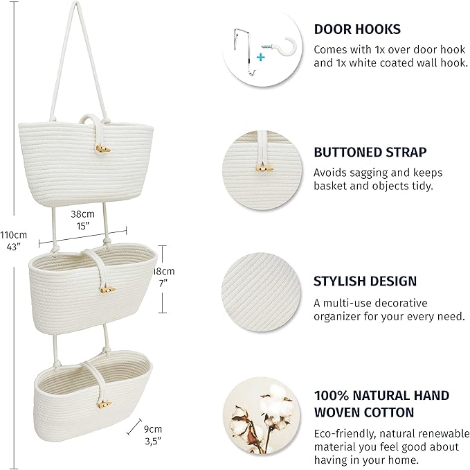 OrganiHaus White 3-Tier Wall Hanging Baskets for Organizing, Hanging Storage Basket, Over the Door Basket Organizer, Wall Mou