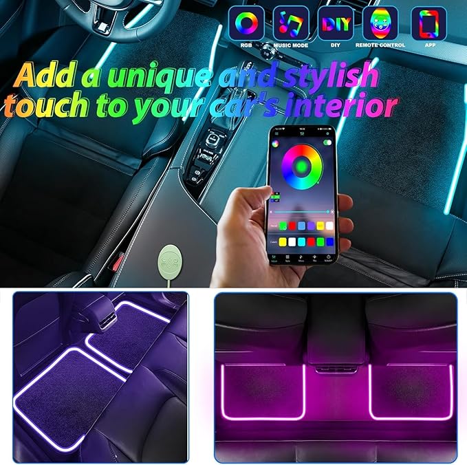 Car Floor Mats with Led Strip Light, Universal Fit Black Automotive Carpet, RGB App Control Car Floor Mats with Ambient Light, Anti-Slip Waterproof Car Decor Accessories for SUV, Trucks, Sedan,Jeeps