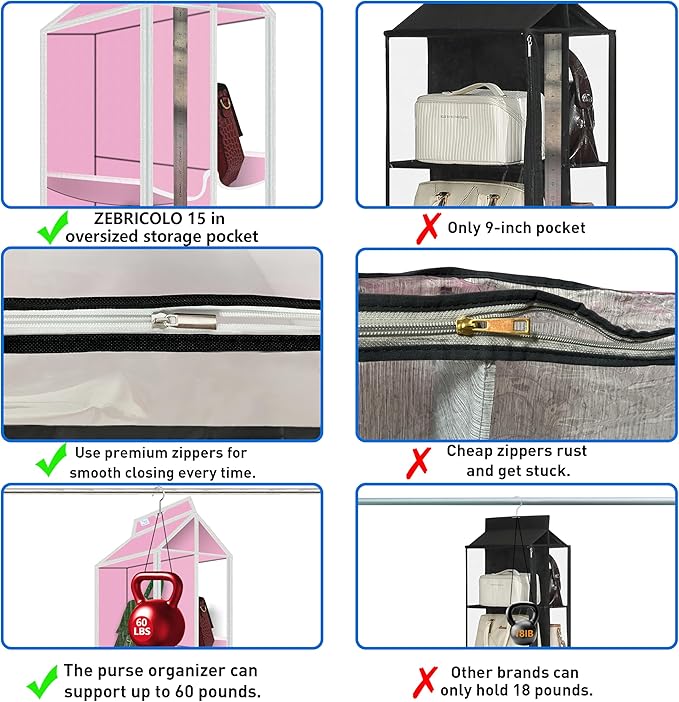 Purse Organizer for Closet, with Zippered-Dustproof, Purse Organizer, Designed for Oversized Wallets & Holds 8-16 Purses, Han