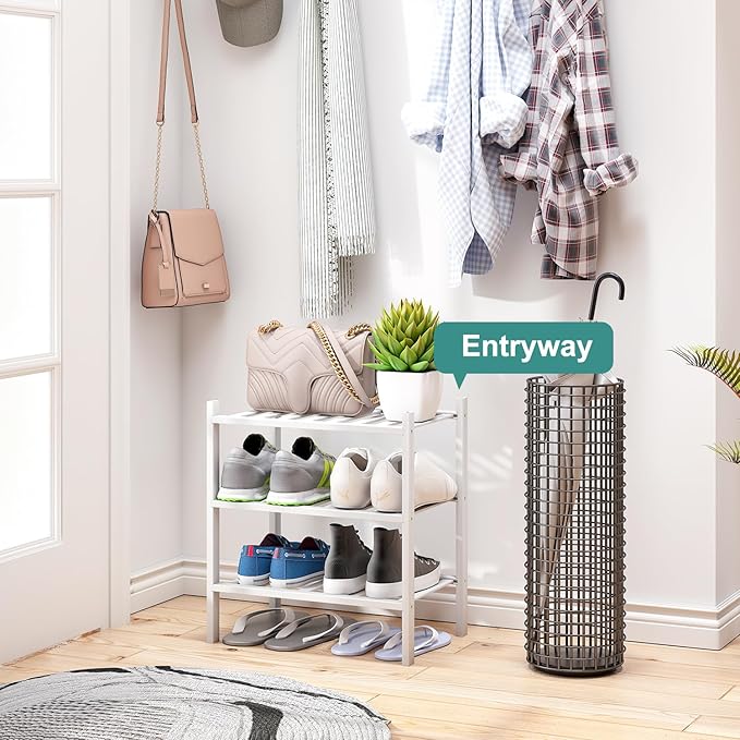 viewcare Small Shoe Rack for Entryway, White Shoe Organizer for Closet, Bamboo Wood Standing Shoe Shelf for Indoor Outdoor (W