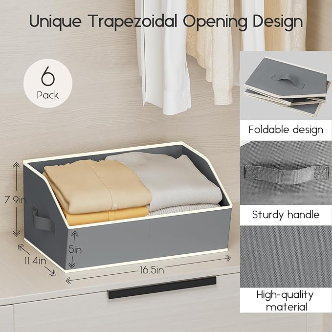 Homsorout Large Closet Organizers and Storage Bins - 6 Pack Trapezoid Storage Baskets for Shelves, Foldable Fabric Baskets wi