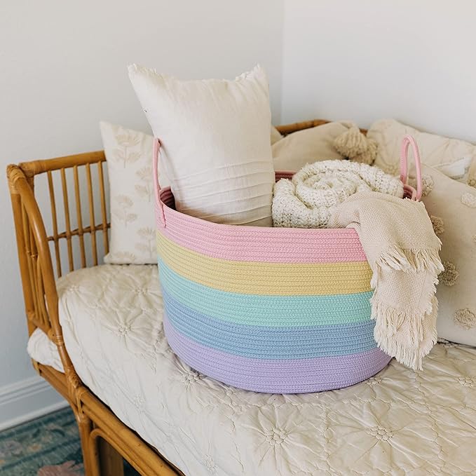 OrganiHaus Rainbow Blanket Basket for Classroom & Nursery, Extra Large Woven Laundry Basket w/Handles, Kids Toy Organizer & S