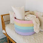 OrganiHaus Rainbow Blanket Basket for Classroom & Nursery, Extra Large Woven Laundry Basket w/Handles, Kids Toy Organizer & S