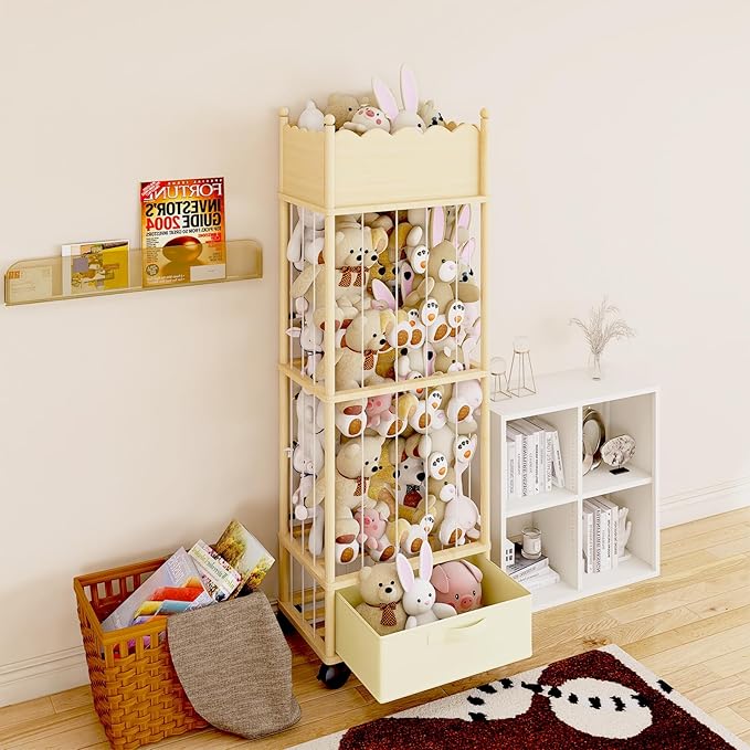 Wooden Stuffed Animal Storage Organizer with Wheels & Drawer – 3-Tier Plush Toy Zoo Holder for Kids Room, Nursery & Playroom 