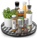 Black and White Kitchen Lazy Susan Turntable – Round Checkered Decorative Tray, 12” Table Top Oak Wood Lazy Susan for Cookies