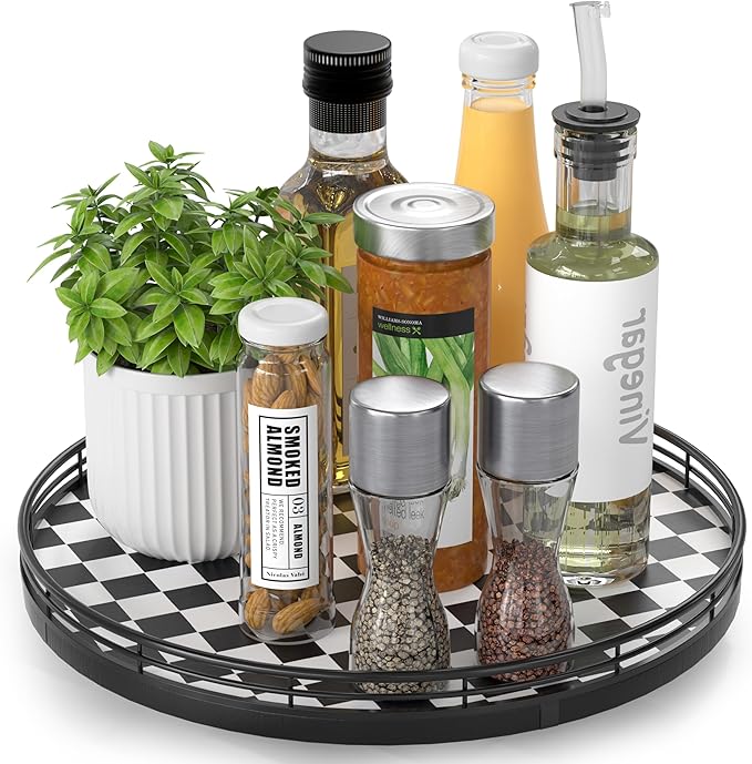 Black and White Kitchen Lazy Susan Turntable – Round Checkered Decorative Tray, 12” Table Top Oak Wood Lazy Susan for Cookies