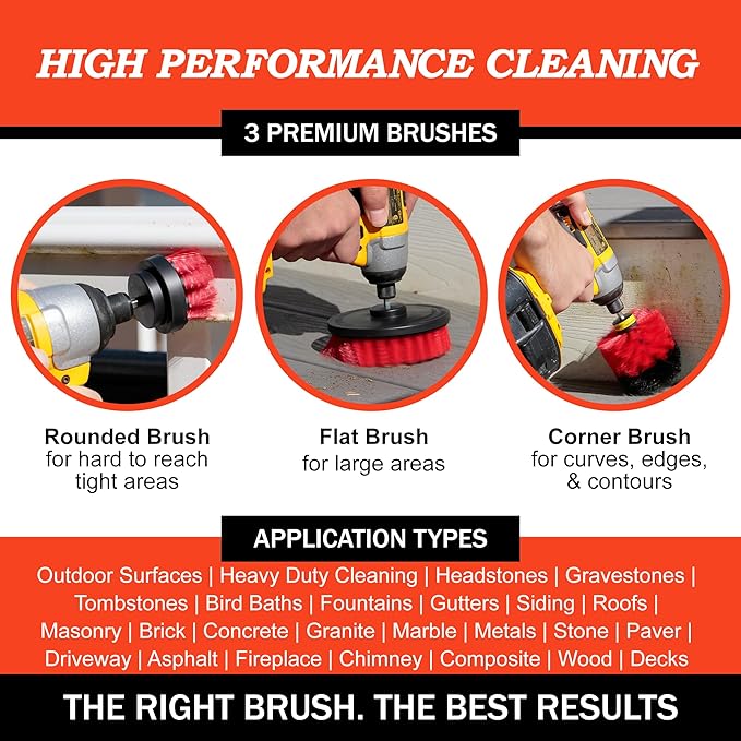 Drillbrush Heavy Duty Stiff Bristle Brush Kit – Power Scrubber Attachment for Concrete, Brick, Siding, Stone, Driveways, Fire