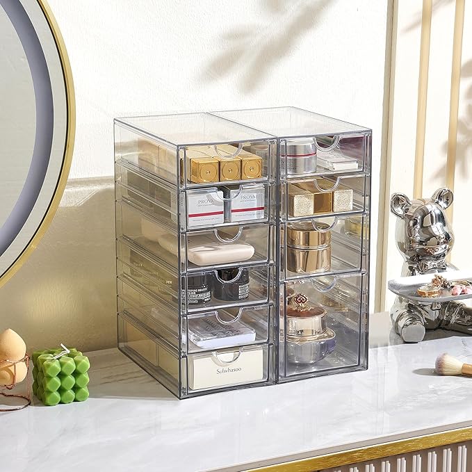 Prsildan Acrylic Drawer Makeup Organizer with 10 Drawers, Set of 2 Office Desk Organizers Accessories, Clear Stackable Storag