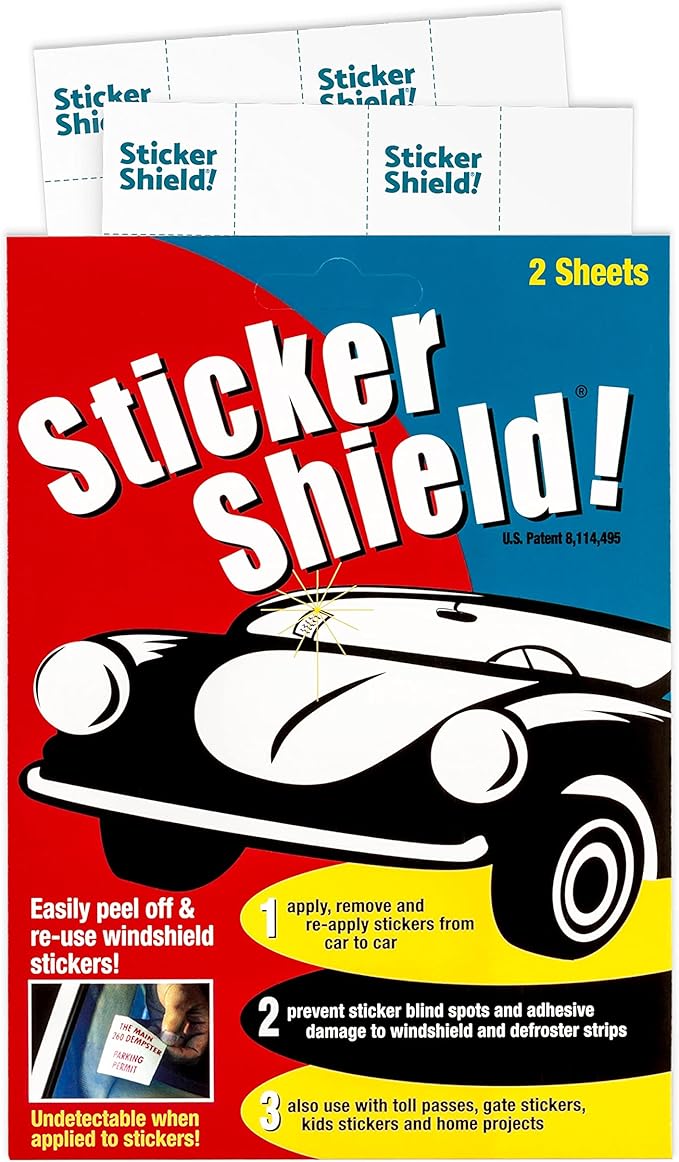 STICKER SHIELD - Windshield Sticker Applicator for Easy Application, Removal and Re-Application from Car to Car - 4 inch x 6 