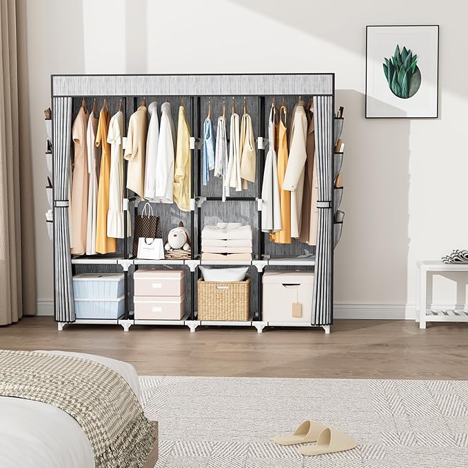 Portable Closet for Hanging Clothes, 67 Inch Wide Portable Wardrobe Closet with Cover, 4 Hanging Rod, Storage Shelves and Sid