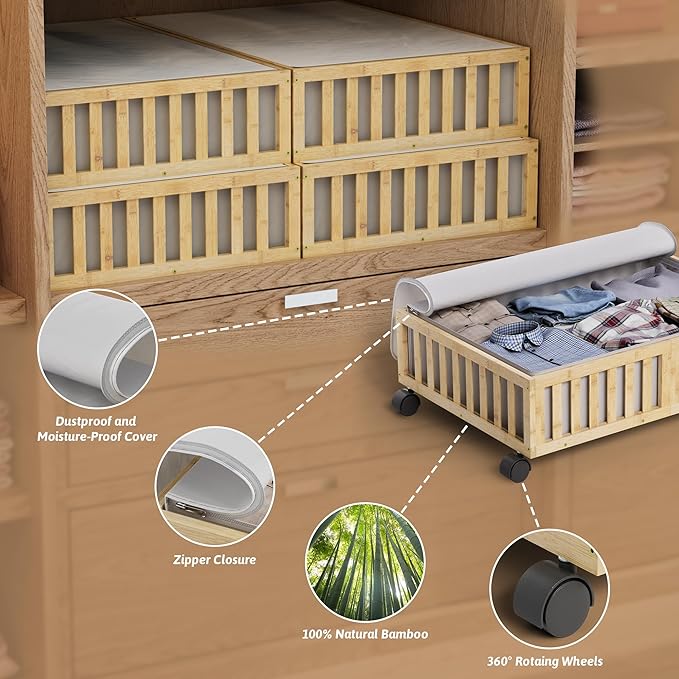 Bamboo Under Bed Storage Containers with Wheels, 2 Pack Under the Bed Shoe Storage Bins, Wood Rolling Underbed Drawers with B
