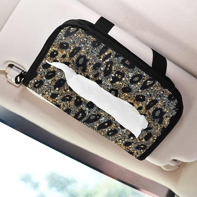 Car Tissue Holder Car Visor Organizer Tissue Box Holder for Car Sun Visor Organizer with Car Vehicle Accessories Essentials Interior for Women Men Sparkling Leopard Print