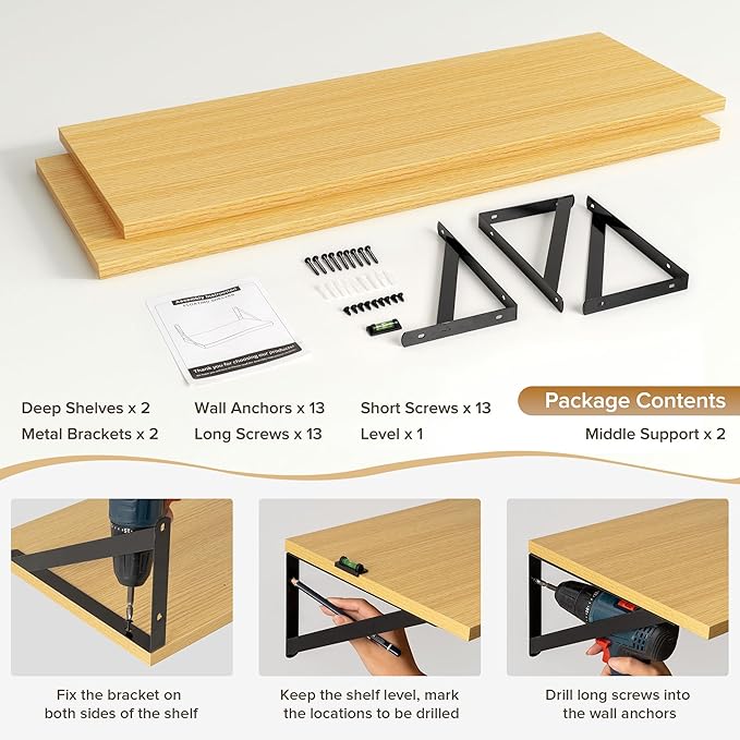 Deep Floating Shelves Wall Mounted, 36"x12" Oak Wall Shelves with Brackets Set of 2 for Bedroom, Living Room, Bathroom, Kitch