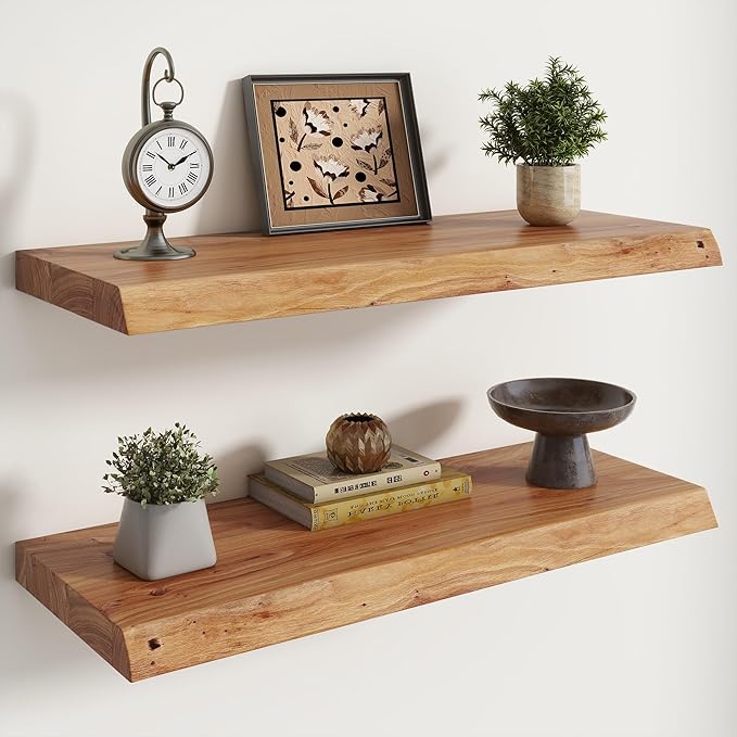 RICHFOCUS Live Edge Elm Floating Shelves - 30" W x 9.3" D Rustic Solid Wood Wall Shelves with Invisible Bracket, Wall-Mounted