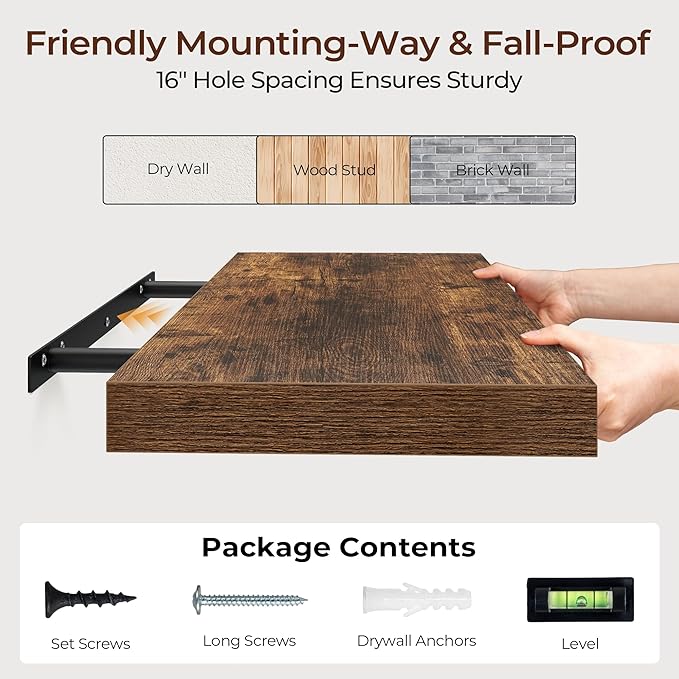 Fun Memories Floating Shelves for Wall 36 Inch Set of 3, Farmhouse Floating Shelves with Invisible Heavy Duty Bracket, 10 Inc
