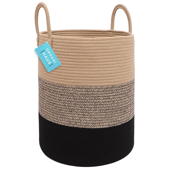OrganiHaus Large Brown Woven Laundry Basket w/Handles 52L, Rope Dirty Clothes Hamper, Blanket Basket for Living Room, Baby La