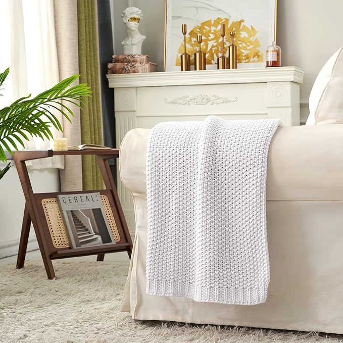 Chunky Cable Knit Throw Blanket Lightweight White 100% Organic Cotton Blanket for Sofa Couch Bed Baby Nursery, Rustic Shabby 