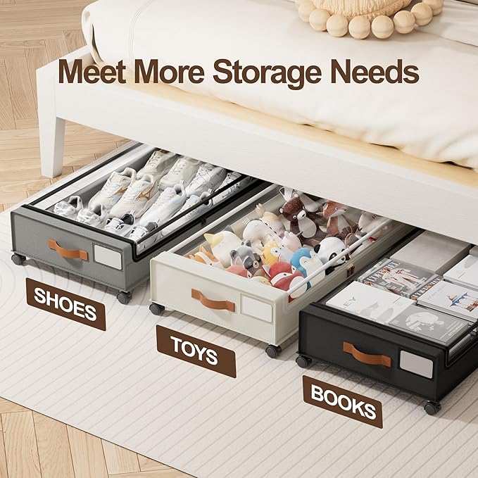 LAMU Under Bed Storage with Wheels, 2 Pack Under Bed Storage Containers with Clear Lid, XXL 60L Underbed Storage Bins, Rollin