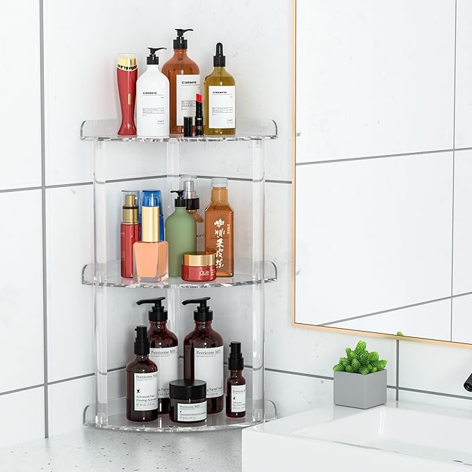 Sezanrpt 3 Tier Countertop Corner Organizer Shelf 7x7x15.7 Inch, Countertop Acrylic Bathroom Corner Shelf, Clear Vanity Stora