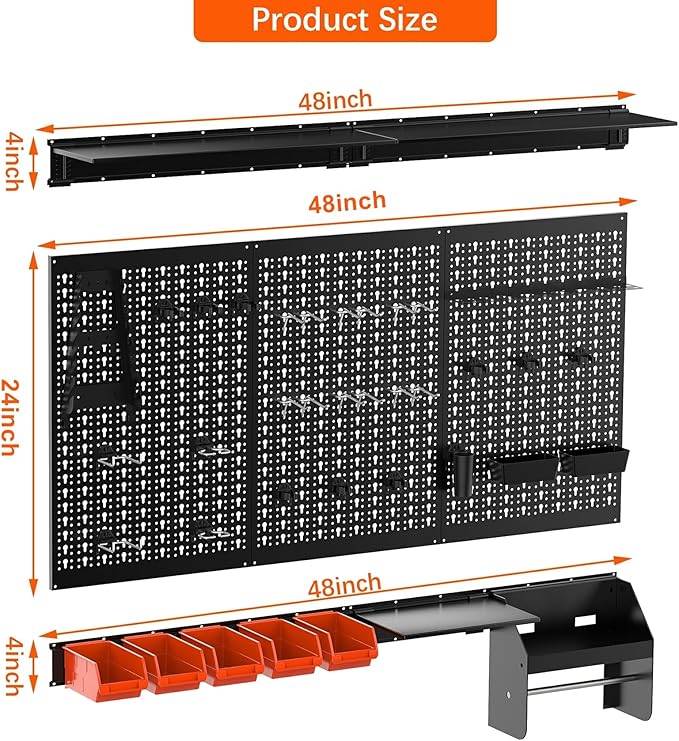 TORACK Metal Pegboard Wall Organizer 4ft Wide, Tool Storage Pegboard System for Garage with Accessories, Wall Mount Storage B