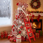 Jenaai 39 Inches Christmas Red Wooden Ladder Christmas Tree Decoration Santa Climb Ladder Assemble and Disassemble Rustic Dec