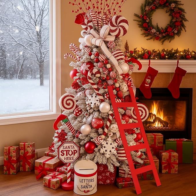 Jenaai 39 Inches Christmas Red Wooden Ladder Christmas Tree Decoration Santa Climb Ladder Assemble and Disassemble Rustic Dec