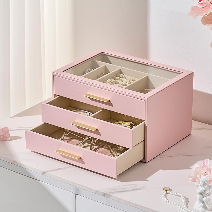 pickpiff Jewelry Box Organizer Case for Women: 3-Layer Jewelry Storage Case with Glass Window, Pink Leather with Velvet Holde
