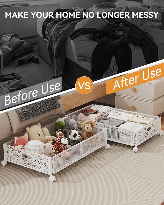 Under Bed Storage with Wheels, Foldable Pattern Carved Metal Under The Bed Storage, Tool-Free Assembly Under The Bed Storage 
