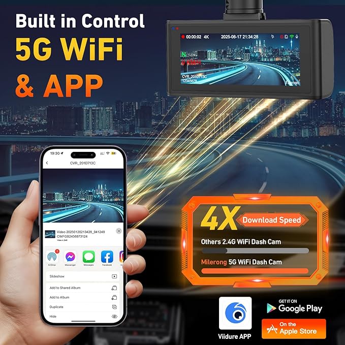 4K Dash Cam Front and Rear, 4K+1080P Dashcam, Dash Camera for Cars with 5GHz WiFi & App Control, GPS, 64GB Card, 24H Parking 