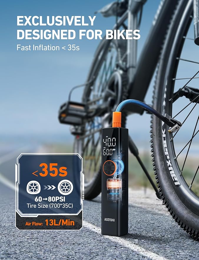 AstroAI L8 Electric Bike Pump, Portable Bicycle Tire Inflator with Pressure Gauge and Auto Shut-Off, 150 PSI Powerful Motor Mini Air Pump for Road, Mountain & E-Bike with Presta and Schrader Valves