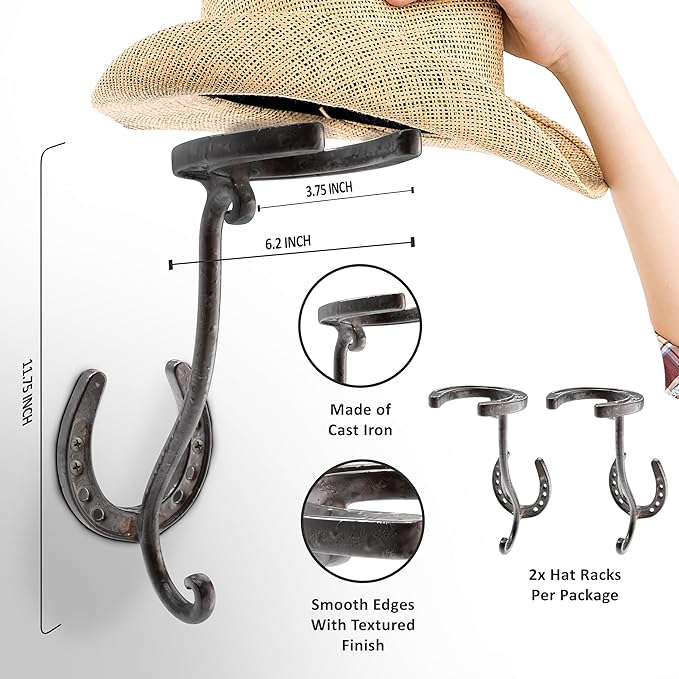 Cowboy Hat Rack - Set of 2 Decorative Wall-Mounted Holder - Heavy-Duty Iron Hanger and Organizer DIY Kit for Hats, Coats and 