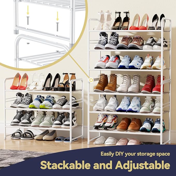 3 Tier Shoe Rack, Closet Shoe Organizer for Entryway, Heavy Duty Stackable Shoe Storage Shelf Stand,White