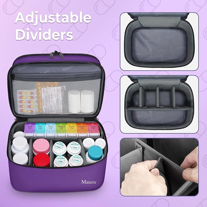 Mancro Dual Layers Pill Bottle Organizer Bag, Medicine Pill Organizer Bag with Lockable Zipper, Medicine Travel Bag for Pills