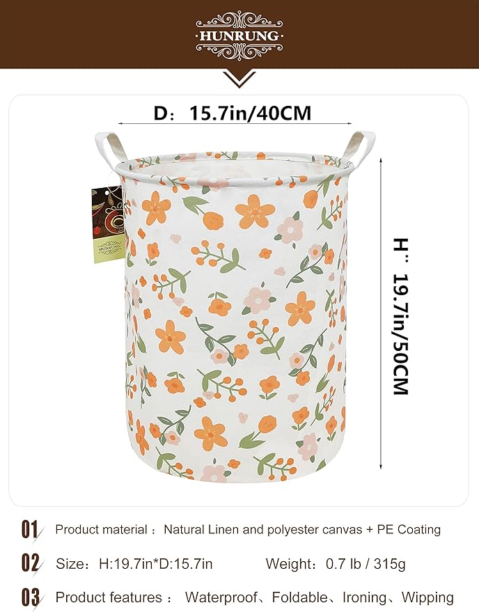 HUNRUNG Laundry Hamper,Large Canvas Fabric Lightweight Storage Basket Toy Organizer Dirty Clothes Collapsible Waterproof for 