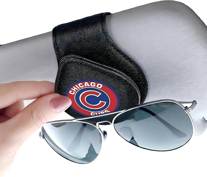 for MLB Chicago Cubs Car Visor Sunglass Holder - Black Leather Eyeglass Case with Team Logo, Clip-On Sun Visor Organizer for Auto Interior, Chicago Cubs Gifts