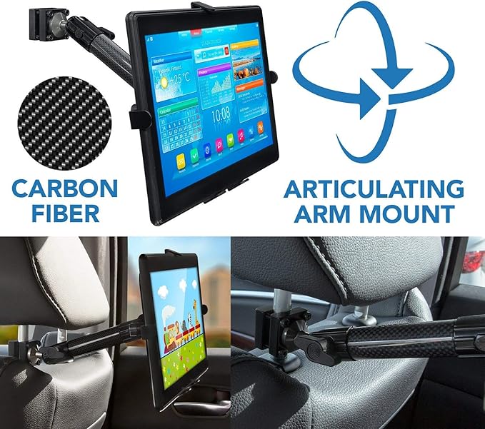 Mount-It! Carbon Fiber Car Headrest Tablet Holder, Back Seat iPad & Tablet Mount for Kids, Adjustable 7–11 Inch Rear Seat Holder for Galaxy & Fire Tablets, Road Trip Travel Mount