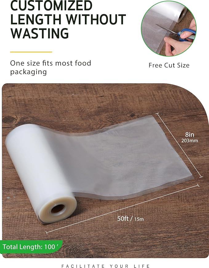 Syntus Vacuum Sealer Bags, 2 Rolls 8" x 50' Commercial Grade Bag Rolls, BPA Free Food Vac Bags for Storage, Meal Prep or Sous