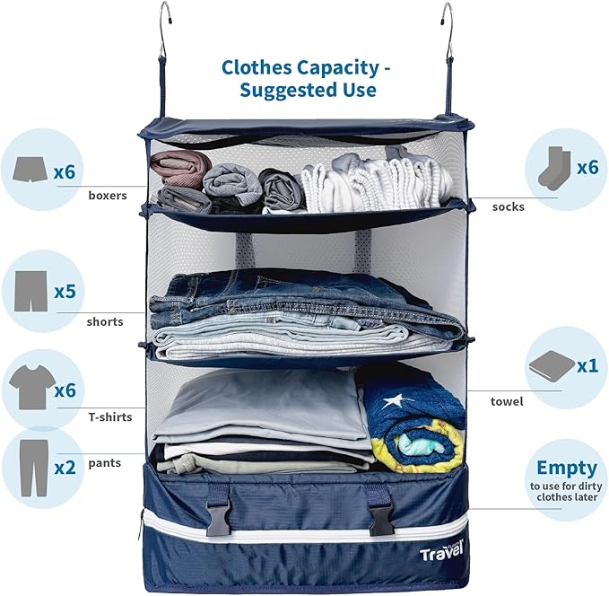 Grand Fusion Stow-N-Go Packing Organizer for Luggage, Portable Hanging Travel Shelves, Carry-On Closet, Hanging Packing Cubes