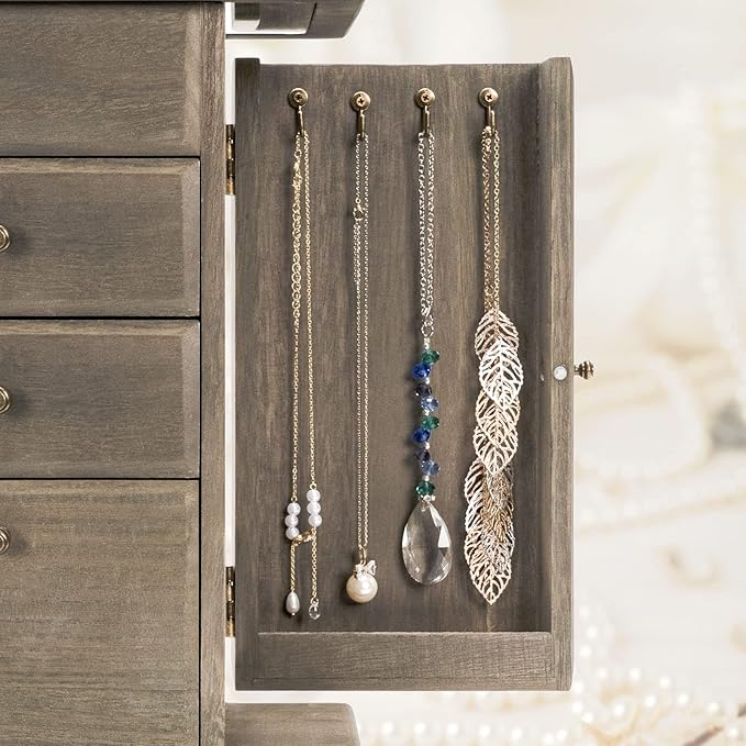 Emfogo Jewelry Box for Women, Rustic Wooden Jewelry Boxes & Organizers with Mirror, 4 Layer Jewelry Organizer Box Display for