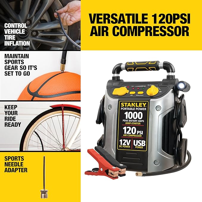 STANLEY J5C09 1000 Peak Amp Automotive Jump Starter, Portable Power - 2.1A/10W USB Port, 12V Outlet, 120 PSI Air Compressor