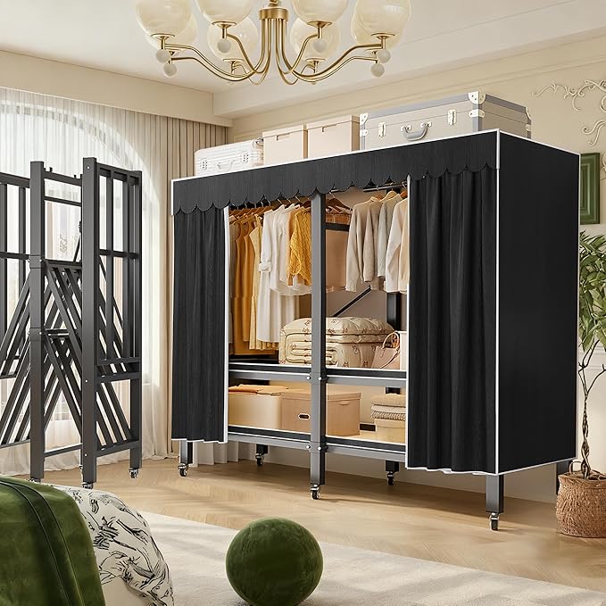 YTLEMON Heavy Duty Wardrobe Closet with Cover, Metal Rolling Clothes Rack, Foldable Portable Closet Organizer System Freestan