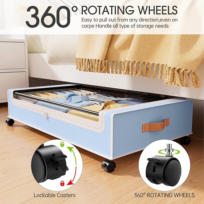 Yecaye Under Bed Storage with Wheels, 2 Pack Under Bed Storage Containers, 60L Underbed Shoe Storage with Clear Window & Labe