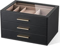 pickpiff Jewelry Box Organizer Case for Women: 3-Layer Jewelry Storage Case with Glass Window, Black Leather with Blush Velve